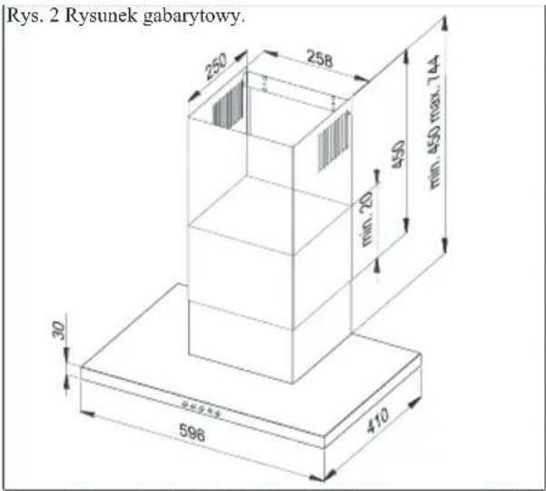Rys. 2 Rysunek gabarytowy. 250 258 min. 70 450 min. 450 max. 74A 30 596 410