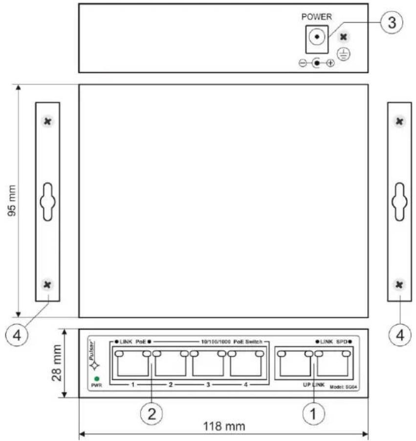 POWER 3 95 mm 4 28 mm 118 mm 1 2 3 4 PWR LINK PoE 19/100/1600 PoE Switch LINK SPD UP LINK Model: SG6A 1 2 3 4