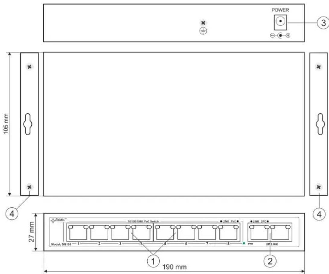 POWER 105 mm 27 mm 190 mm 1 2 3 4 1 2 3 4 5 6 7 8 PWV UP LINK A. PuStar® 16/100/1000 PuE Switch LINK, PuE LINK, SPO Model: SG-108 1 2 3 4 5 6 7 8 ① ② ③ ④