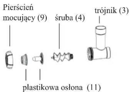 Pierścień mocujący (9) śruba (4) trójnik (3) plastikowa osłona (11)