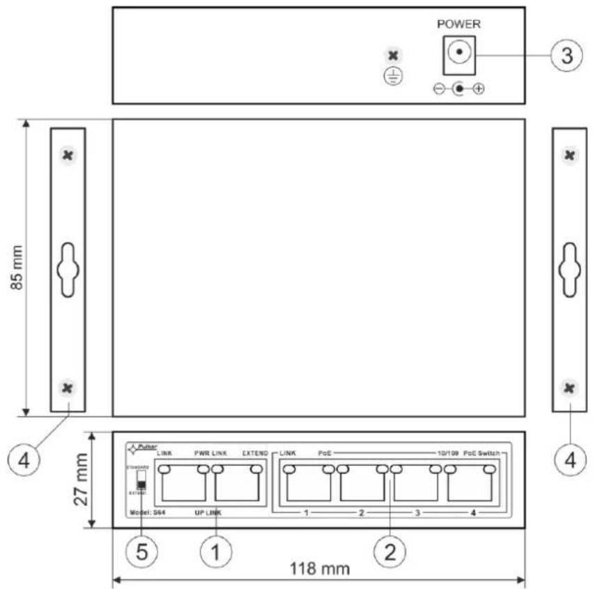 POWER 85 mm 27 mm 118 mm 1 2 3 4 5 1 2 4 Model: S64 UP LINK PWR LINK EXTEND LINK PoE 10/109 PoE Switch