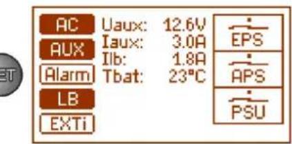 AC Uaux: 12.6V AUX Iaux: 3.0A Alarm Ilb: 1.8A LB Tbat: 23°C EXTi EPS APS PSU