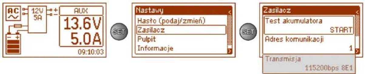 AC 12V 5A + - AUX 13.6V 5.0A 09:10:03 SET Nastawy Hasto (podaj'zmień) Zasilacz Pulpit Informacje SET Zasilacz Test akumulatora START Adres komunikacji 1 Transmisja 115200bps 8E1