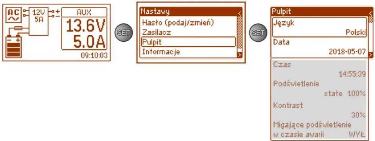 AC 12V 5A + - AUX 13.6V 5.0A 09:10:03 Nastawy Hasło (podaj/zmień) Zasilacz Pulpit Informacje SET SET Pulpit Język Polski Data 2018-05-07 Czas 14:55:39 Podświetlenie state 100% Kontrast 30% Migające podświetlenie w czasie awarii WYŁ