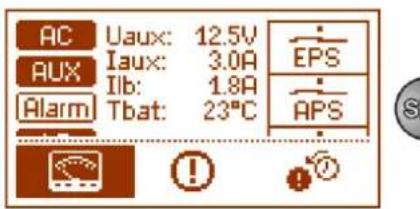 AC Uaux: 12.5V AUX Iaux: 3.0A Ilb: 1.8A Alarm Tbat: 23°C EPS APS