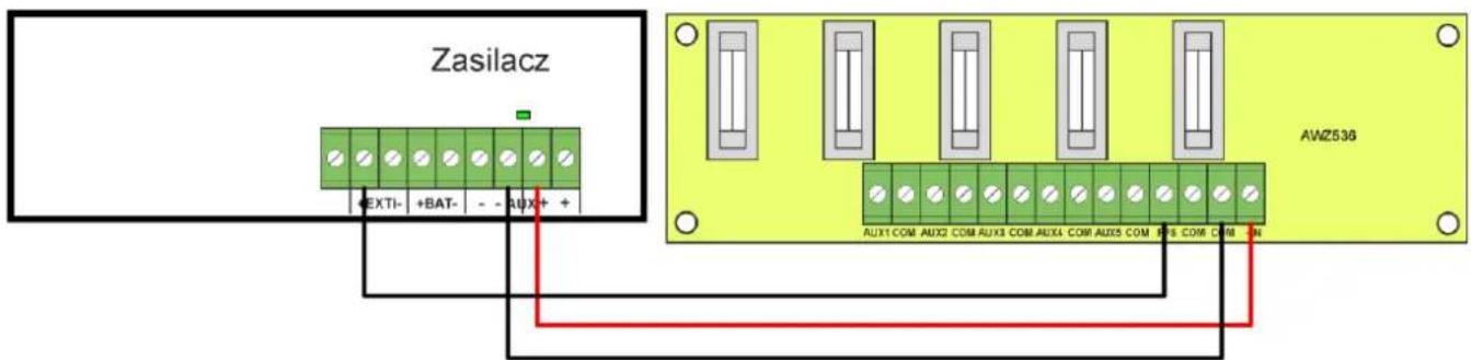 Zasilacz +EXTI- +BAT- - - AUX1 + AWZ536 AUX1 COM AUX2 COM AUX3 COM AUX4 COM AUX5 COM PFS COM CM EN