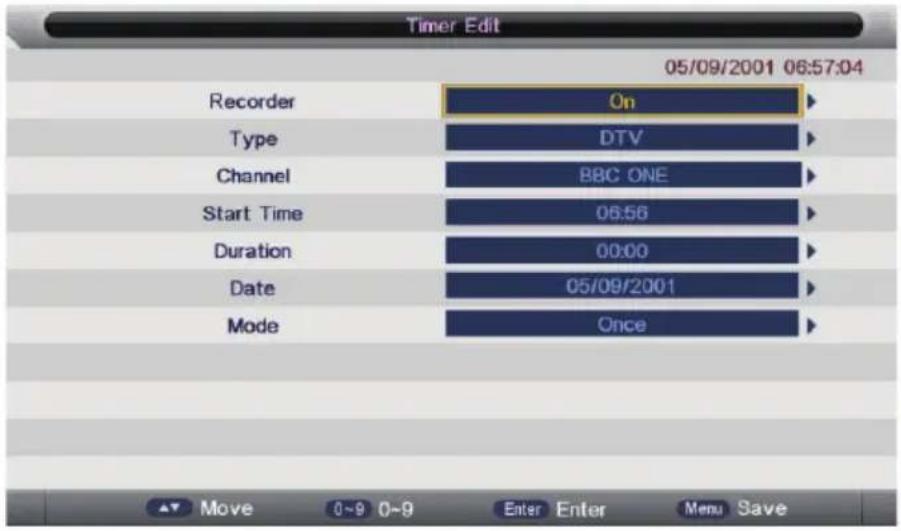 Timer Edit 05/09/2001 06:57:04 Recorder On Type DTV Channel BBC ONE Start Time 06:56 Duration 00:00 Date 05/09/2001 Mode Once