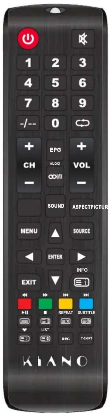 1 2 3 4 5 6 7 8 9 -/-- 0 + EPG + CH AUDIO VOL — SOUND ASPECTPICTURE MENU ▲ SOURCE ENTER EXIT INFO REPEAT SUBTITLE LIST REC T-SHIFT KIANO