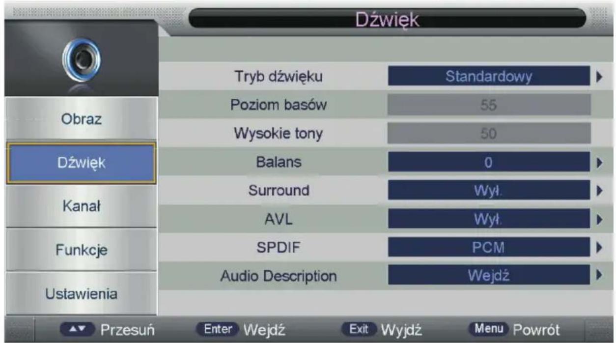 Dźwięk Tryb dźwięku Standardowy Poziom basów 55 Wysokie tony 50 Dźwięk Balans 0 Surround Wył. AVL Wył. Funkcje SPDIF PCM Audio Description Wejdź Ustawienia Przesuń Enter Wejdź Exit Wyjdź Menu Powrót
