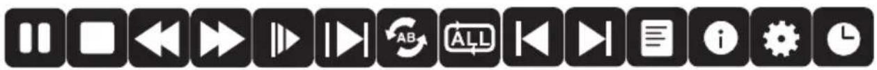 Row of black square icons with white text labels including play, audio, refresh, and time controls