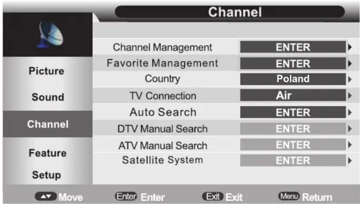 Channel Picture Sound Channel Feature Setup Channel Management Favorite Management Country TV Connection Auto Search DTV Manual Search ATV Manual Search Satellite System ENTER ENTER Poland Air ENTER ENTER ENTER ENTER ENTER Enter Enter Exit Exit Menu Return