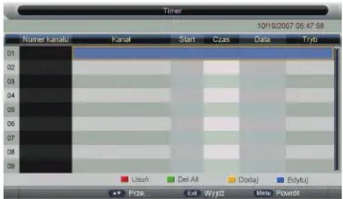 Timer 10/10/2007 05:47:58 Numer kanalu Kanal Start Czas Data Tryb 01 02 03 04 05 06 07 08 09 Usuń Del All Dodaj Edytuj * Prize Ext Wykół Metu Powrot