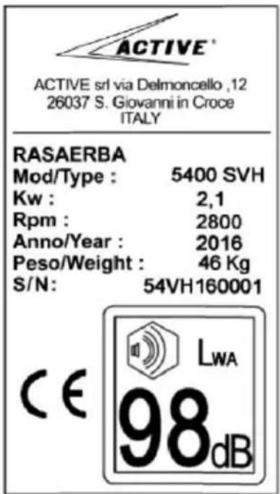 ACTIVE ACTIVE srl via Delmoncello ,12 26037 S. Giovanni in Croce ITALY RASAERBA Mod/Type : 5400 SVH Kw : 2,1 Rpm : 2800 Anno/Year : 2016 Peso/Weight : 46 Kg S/N: 54VH160001 CE LWA 98dB