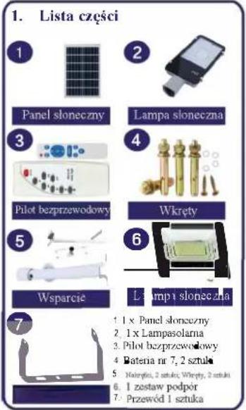 1. Lista części 1 Panel słoneczny Lampa słoneczna 3 Pilot bezprzewodowy Wkręty 5 Wsparcie 6 Lamp i słoneczna 7 1 x Panel słoneczny 2 1 x Lampasolarna 3 Pilot bezprzewodowy 4 Bateria nr 7, 2 sztuka 5 Nalęgia, 2 sztuka; Wkręty, 2 sztuka 6 1 zestaw podpór 7 Przewód 1 sztuka