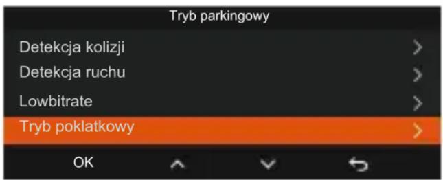 Tryb parkingowy Detekcja kolizji Detekcja ruchu Lowbitrate Tryb poklatkowy OK