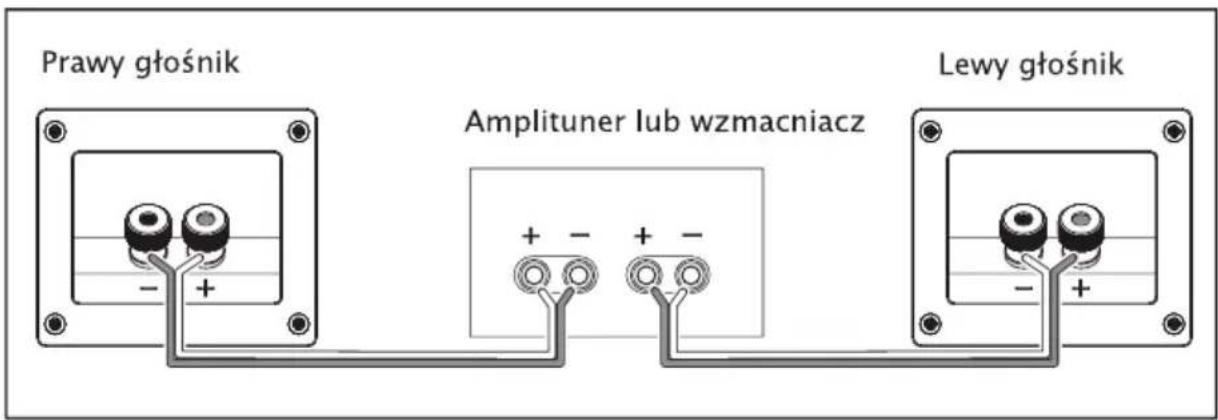 Prawy głośnik Amplituner lub wzmacniacz Lewy głośnik