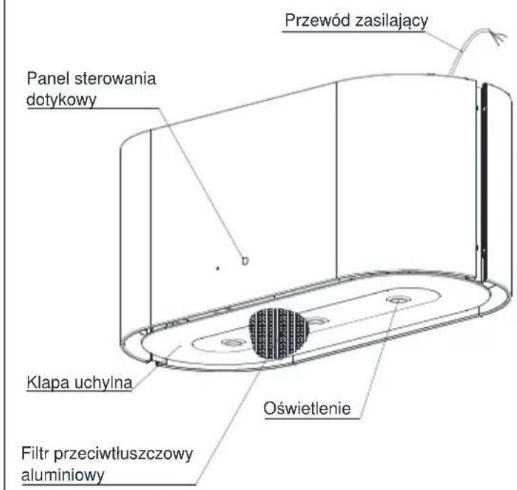 Przewód zasilający Panel sterowania dotykowy Klapa uchylna Oświetlenie Filtr przeciwtłuszczowy aluminiowy