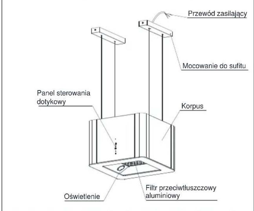 Przewód zasilający Mocowanie do sufitu Panel sterowania dotykowy Korpus Oświetlenie Filtr przeciwtłuszczowy aluminiowy