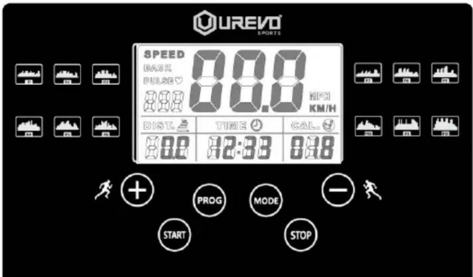 UREVO SPORTS SPEED BACK PULSE 88.0 MPH KM/H DIST. TIME CAL. 88.0 82:38 88.0 + + PROG MODE - START STOP