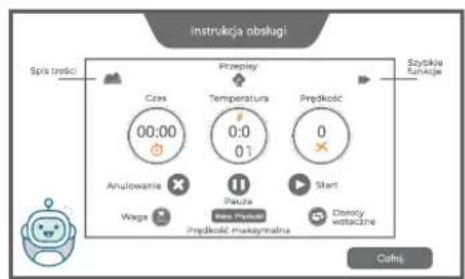 Instrukcja obsługi Spis tręcki Przepley Szytkia folikaje Czas 00:00 Temperatura 0:0 01 Prędkość 0 Anulowania Pakrze Waga Bass myście Start Przȩdkość makiymalna Drody watażne Cohni