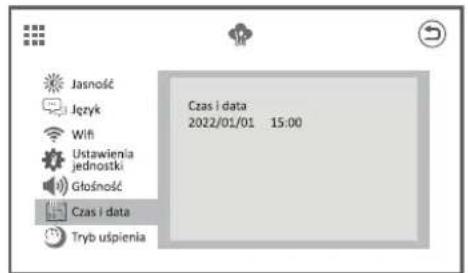 Jasność Język Wifi Ustawienia jednostki Głośność Czas i data Tryb uspienia Czas i data 2022/01/01 15:00