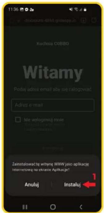 11:36 Kuchnia COBBO Witamy Podaj adres email aby się zalogował Adres e-mail Nle wylogowąj może Zainstalaować tę witynę WWW jako aplikację Internetową na ekrawie Aplikacje? Anuluj Instaluj