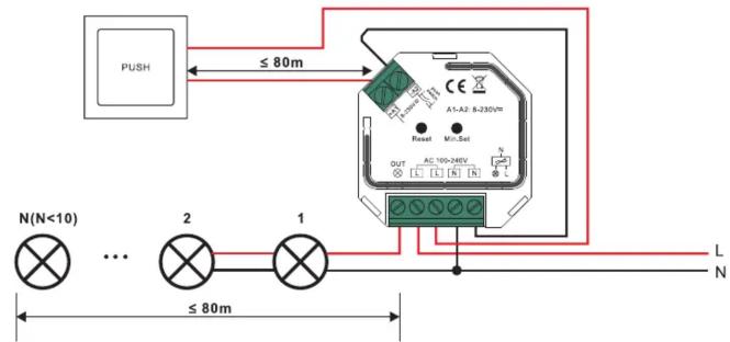 PUSH ≤ 80m CE A1-A2 R-230V= Reset Min-Set OUT AC 100-26V N N(N<10) ... 2 1 ≤ 80m L N