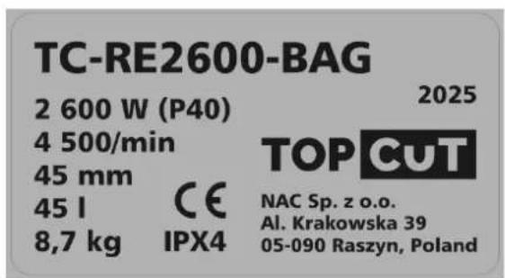 NAC TC-RE2600-BAG - Inne oznaczenia na maszynie - 1