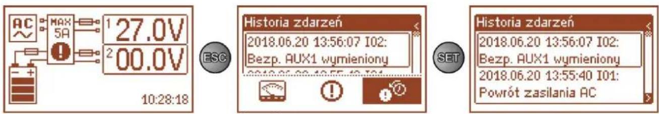1 27.0V 2 00.0V 10:28:18 ESC Historia zdarzeń 2018.06.20 13:56:07 I02: Bezp. AUX1 wymieniony 2018.06.20 13:55:40 I01: Powrót zasilania AC SET Historia zdarzeń 2018.06.20 13:56:07 I02: Bezp. AUX1 wymieniony 2018.06.20 13:55:40 I01:
