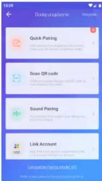 10:09 Dodaj urządzenie Wojycnie Quick Pairing Scan QR code Sound Pairing Link Account Composite Pairing Model (AC) Private https://www.wjycn.com/8.4