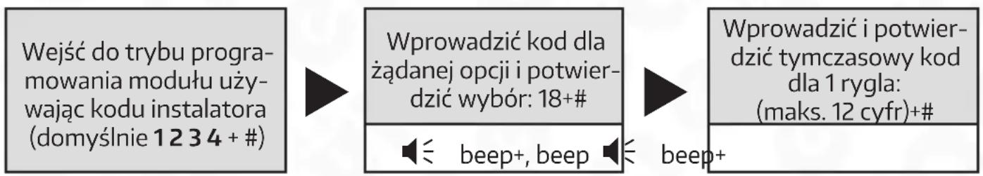graph LR A["Wejść do trybu programowania modułu używając kodu instalatora (domyśnie 1234 + #)"] --> B["Wprowadzić kod dla żądanej opcji i potwier-dzić wybór: 18+#"] B --> C["Wprowadzić i potwier-dzić tymczasowy kod dla 1 rygła: (maks. 12 cyfr)+#"] B --> D["beep+, beep"] C --> E["beep+"]