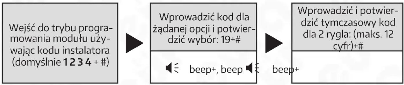 graph LR A["Wejść do trybu programowania modułu używając kodu instalatora (domyślnie 1234 + #)"] --> B["Wprowadzić kod dla żądanej opcji i potwier-dzić wybór: 19+#"] B --> C["Wprowadzić i potwier-dzić tymczasowy kod dla 2 rygla: (maks. 12 cyfr)+#"] B --> D["beep+, beep"] D --> E["beep+"]