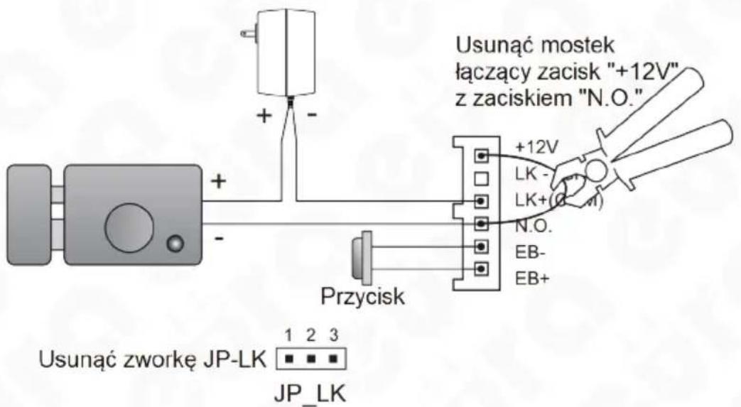 Usunąć mostek łączący zacisk "+12V" z zaciskiem "N.O." +12V LK- LK+(0-1) N.O. EB- EB+ Przycisk Usunąć zworkę JP-LK 1 2 3 JP_LK
