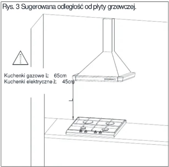 Rys. 3 Sugerowana odległość od płyty grzewczej. Kuchenki gazowe ≧ 65cm Kuchenki elektryczne ≧ 45cm