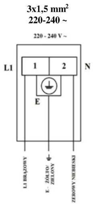 3x1,5 mm² 220-240 ~ 220 - 240 V ~ L1 1 2 N E LI BRAZOWY E - ZOLTO- ZIELONY ZEROWY NIEBIESKI