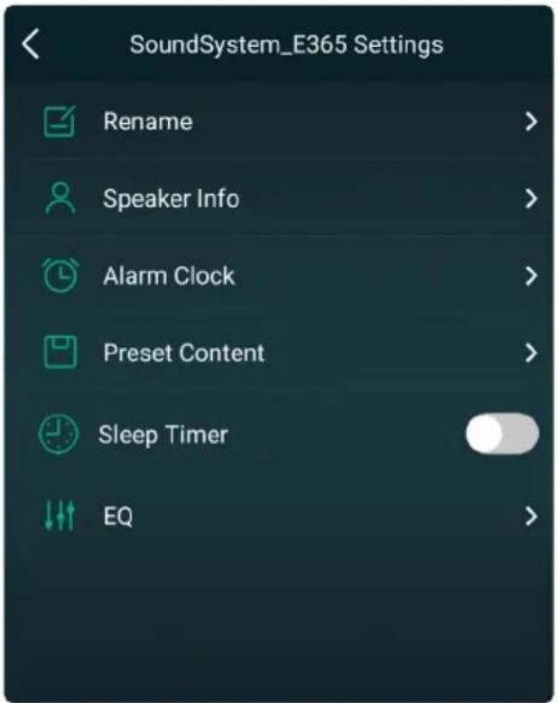 SoundSystem_E365 Settings Rename > Speaker Info > Alarm Clock > Preset Content > Sleep Timer EQ >
