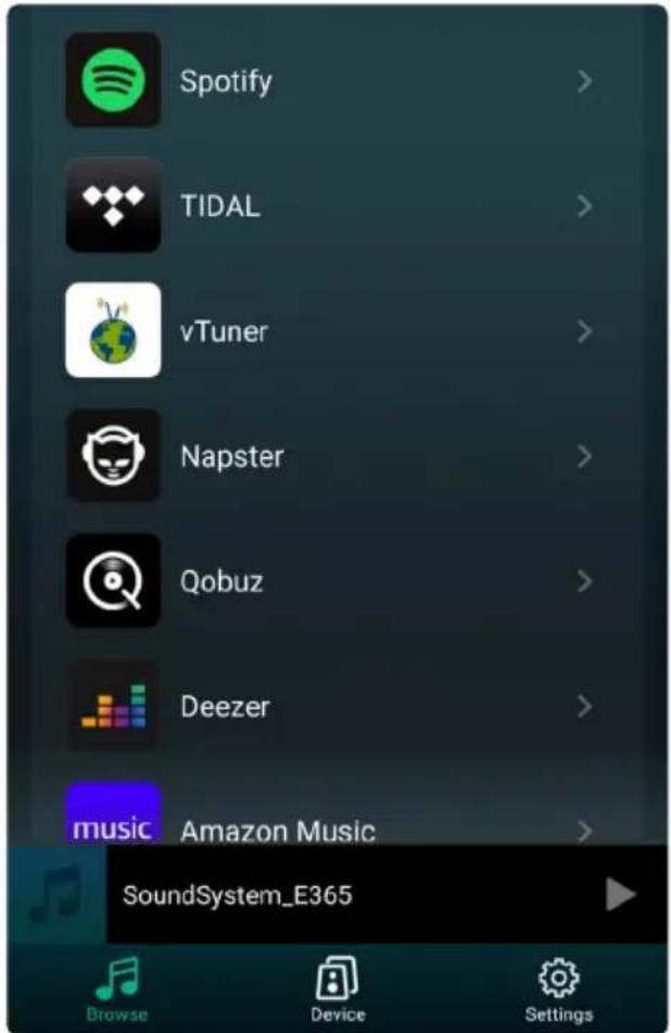Spotify TIDAL vTuner Napster Qobuz Deezer music Amazon Music SoundSystem_E365 Browse Device Settings