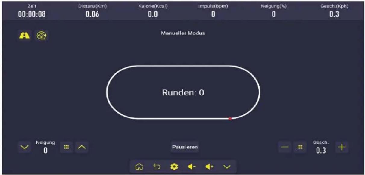 Zeit 00:00:08 Distanz(Km) 0.06 Kalorie(Kcal) 0.0 Impuls(Bpm) 0 Neigung(%) 0 Gesch (Kph) 0.3 Manueller Modus Runden: 0 Neigung 0 Pausieren - - - - Gesch. 0.3