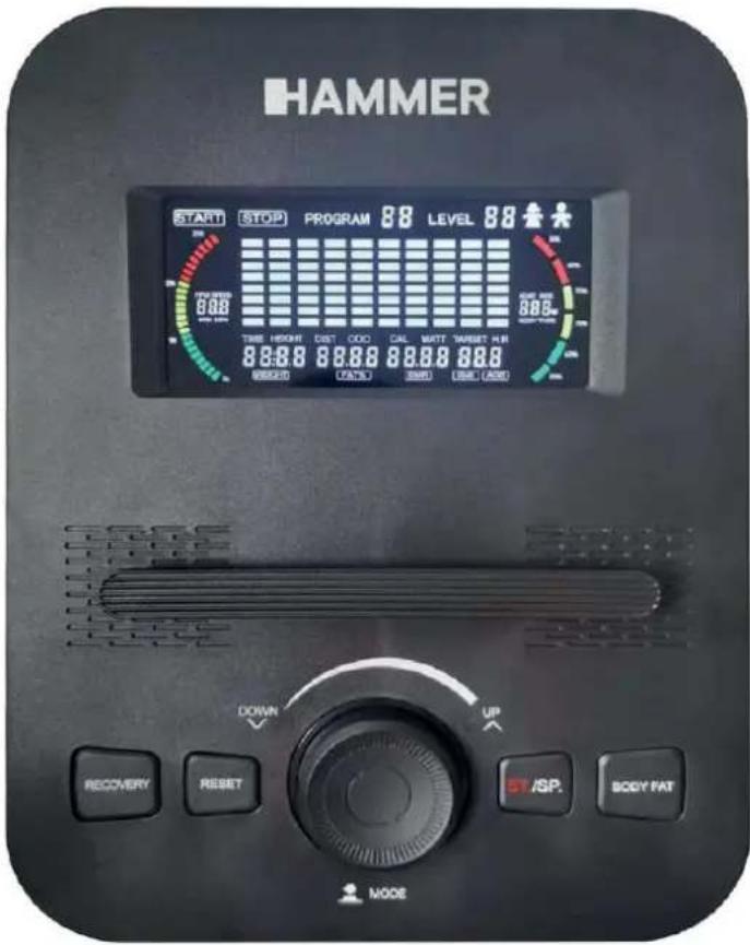 HAMMER START STOP PROGRAM 88 LEVEL 88 OFF: 88.00 TIME HDMSI DIST OCO CAL MATT TARGET H.H. 88.00 88.00 88.00 88.00 BEETS (FATH) SHED LIME (ADT) DOWN UP RECOVERY RESET ST/SP. BODY FAT MODE