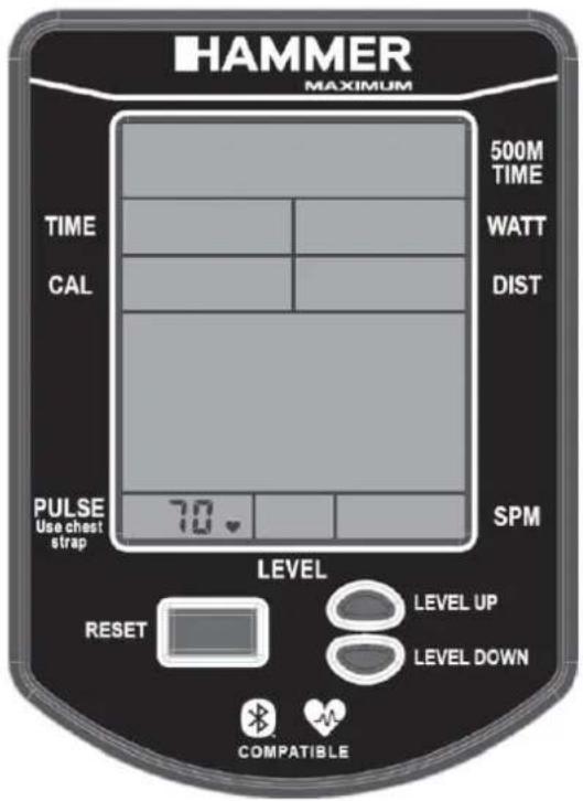 HAMMER MAXIMUM 500M TIME WATT CAL DIST PULSE Use chest strap 70 SPM LEVEL RESET LEVEL UP LEVEL DOWN COMPATIBLE