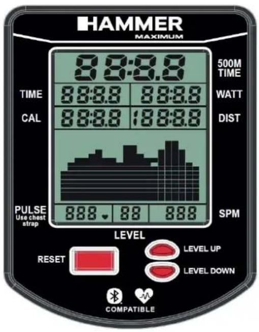 HAMMER MAXIMUM 8:8:8.8 500M TIME 8:8:8.8 8:8:8.8 WATT CAL 8:8:8.8 18:8:8.8 DIST PULSE Use chest strap 888 88 888 SPM LEVEL RESET LEVEL UP LEVEL DOWN COMPATIBLE