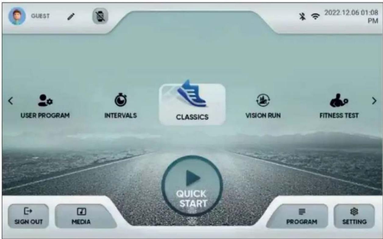 GUEST 2022.12.06 01:08 PM USER PROGRAM INTERVALS CLASSICS VISION RUN FITNESS TEST QUICK START SIGN OUT MEDIA PROGRAM SETTING