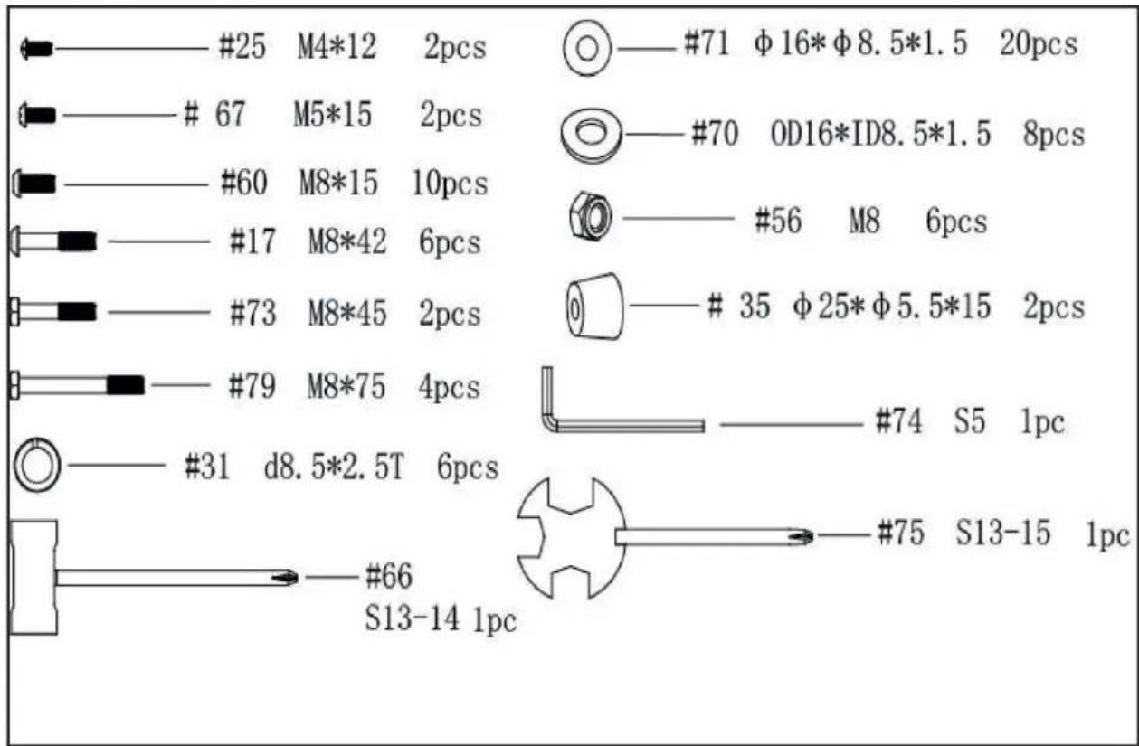 #25 M4*12 2pcs #67 M5*15 2pcs #60 M8*15 10pcs #17 M8*42 6pcs #73 M8*45 2pcs #79 M8*75 4pcs #31 d8.5*2.5T 6pcs #66 S13-14 1pc #71 Φ16*Φ8.5*1.5 20pcs #70 OD16*ID8.5*1.5 8pcs #56 M8 6pcs #35 Φ25*Φ5.5*15 2pcs #74 S5 1pc #75 S13-15 1pc