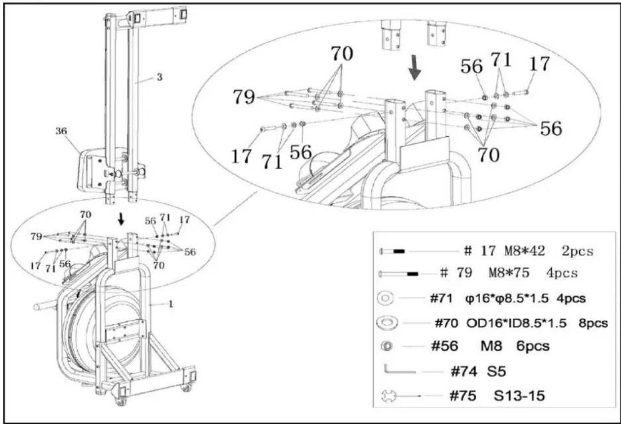 3 36 70 79 17 71 56 70 56 71 17 70 17 M8*42 2pcs 79 M8*75 4pcs #71 φ16*φ8.5*1.5 4pcs #70 OD16*ID8.5*1.5 8pcs #56 M8 6pcs #74 S5 #75 S13-15