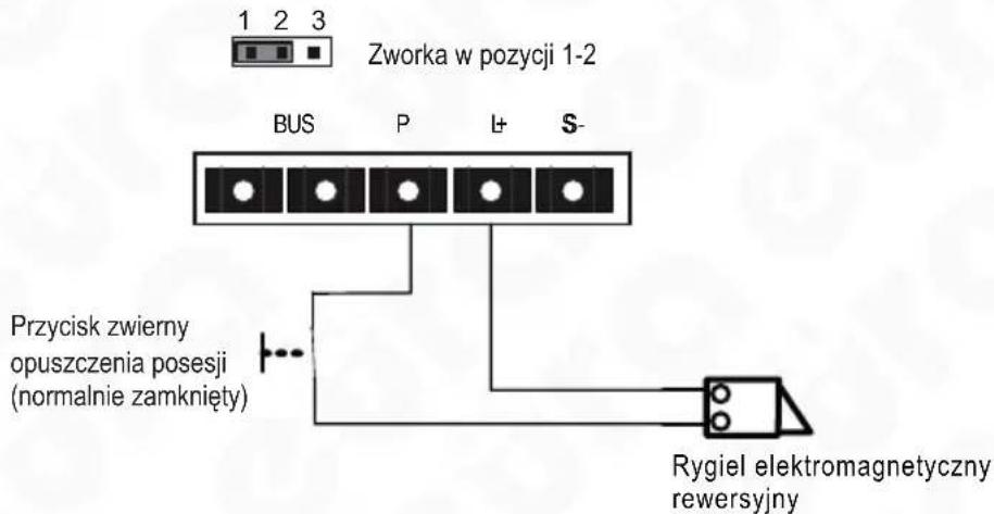 Zworka w pozycji 1-2 BUS P L+ S- Przycisk zwierny opuszczenia posesji (normalnie zamknięty) Rygiel elektromagnetyczny rewersyjny