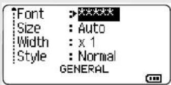 Font : ****** Size : Auto Width : x 1 Style : Normal GENERAL