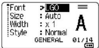 Font →LGO ≡ Size : Auto Width : x 1 Style : Normal GENERAL 01/14