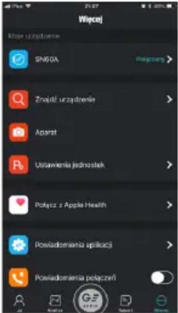 Wliczej Moje urządzenie SN60A Polyceny > Znajdz urządzenie > Aparat Ustawienia jednostek > Polącz z Apple Health > Powladserienia aplikacji > Powladserienia połączeń