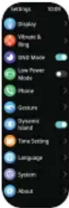 SETS/Page 10:00 Display Vibrate & Ring DVD Mode Low Power Mode Phone Gesture Dynamic Island Time Setting Language System About