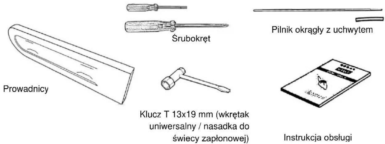 Prowadnicy Śrubokręt Klucz T 13x19 mm (wkrętak uniwersalny / nasadka do świecy zapłonowej) Pilnik okrągły z uchwytem Instrukcja obsługi